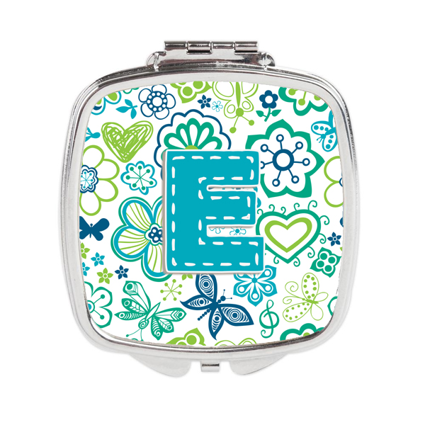 Letter E Flowers & Butterflies Teal Blue Compact Mirror