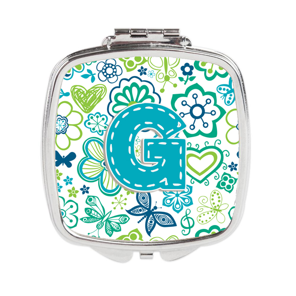 CJ2006-GSCM Letter G Flowers & Butterflies Teal Blue Compact Mirror