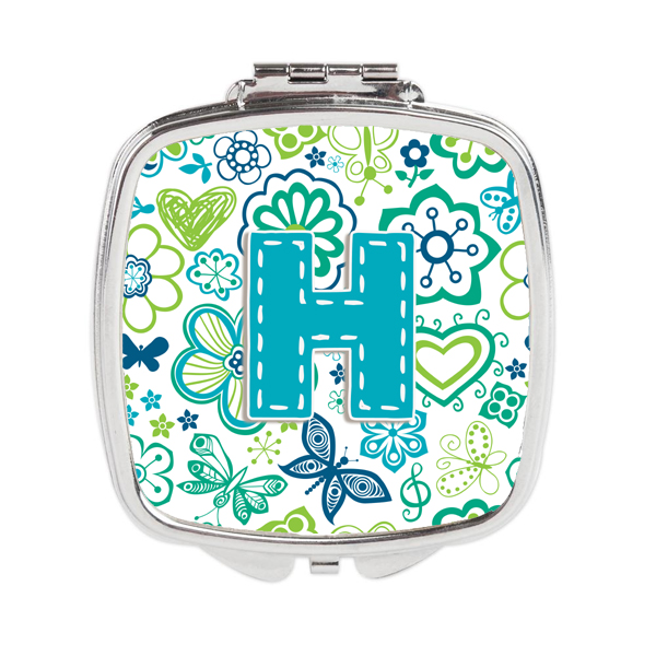Letter H Flowers & Butterflies Teal Blue Compact Mirror