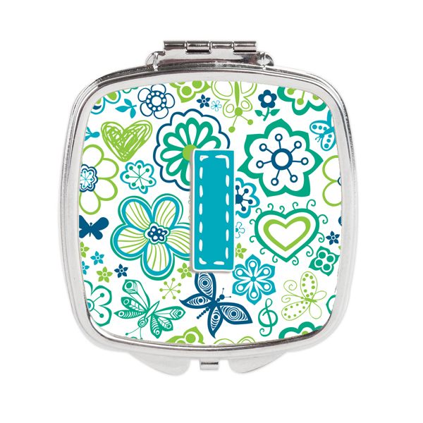 Letter I Flowers & Butterflies Teal Blue Compact Mirror