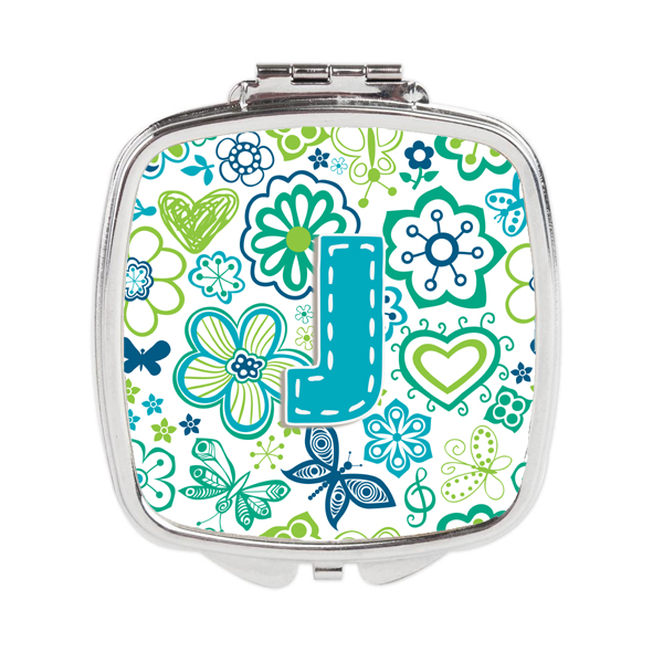 Letter J Flowers & Butterflies Teal Blue Compact Mirror