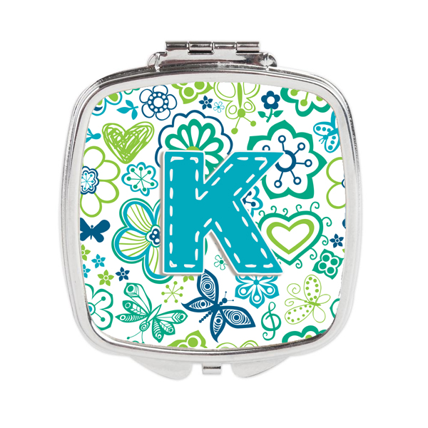 Letter K Flowers & Butterflies Teal Blue Compact Mirror