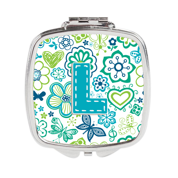 Carolines Treasures CJ2006-LSCM Letter L Flowers & Butterflies Teal Blue Compact Mirror