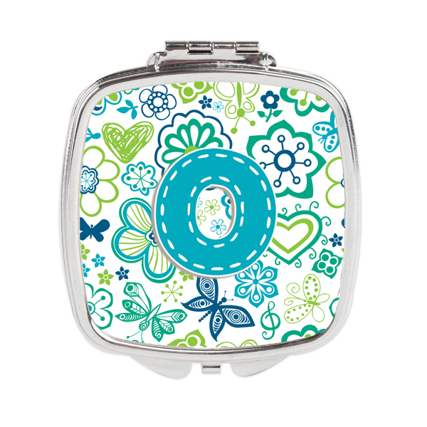 CJ2006-OSCM Letter O Flowers & Butterflies Teal Blue Compact Mirror