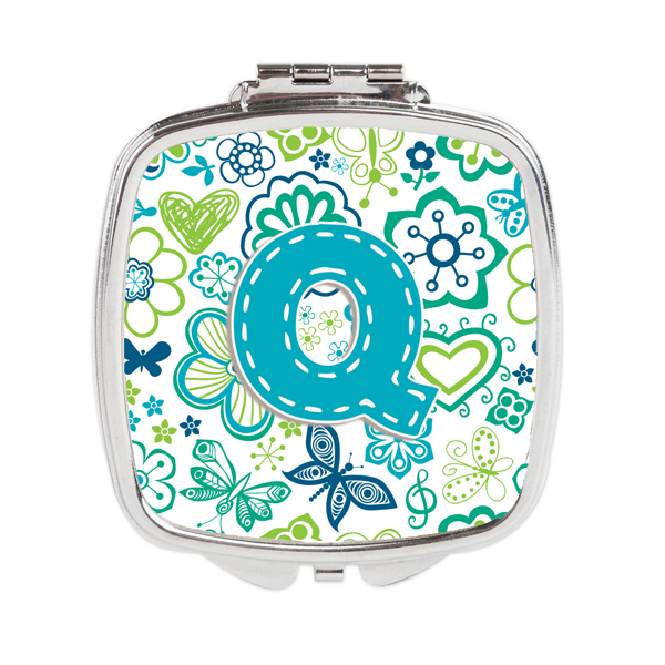 Letter Q Flowers & Butterflies Teal Blue Compact Mirror