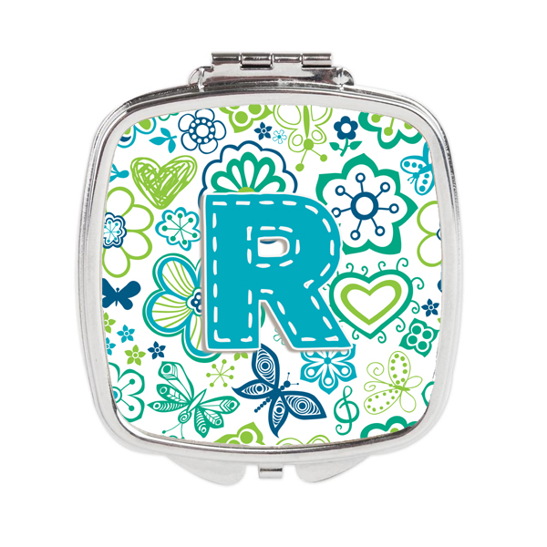 Letter R Flowers & Butterflies Teal Blue Compact Mirror