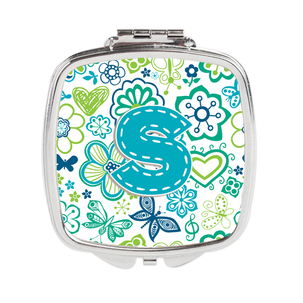 CJ2006-SSCM Letter S Flowers & Butterflies Teal Blue Compact Mirror
