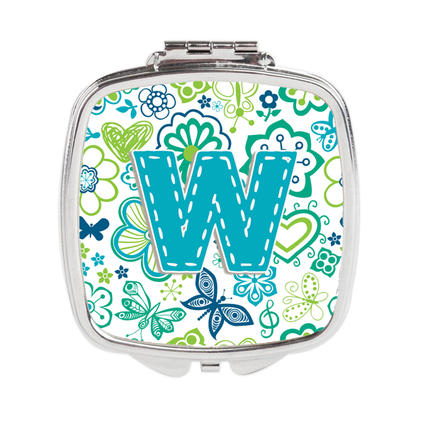 Letter W Flowers & Butterflies Teal Blue Compact Mirror