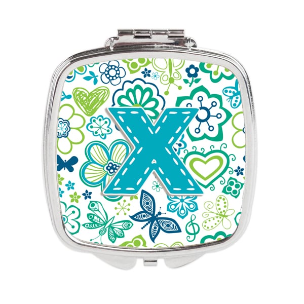 CJ2006-XSCM Letter X Flowers & Butterflies Teal Blue Compact Mirror