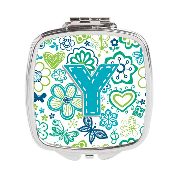 CJ2006-YSCM Letter Y Flowers & Butterflies Teal Blue Compact Mirror