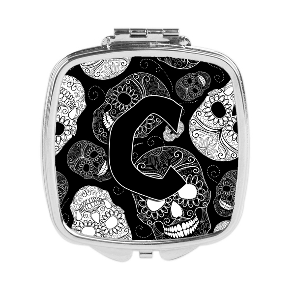 Letter C Day of the Dead Skulls Black Compact Mirror