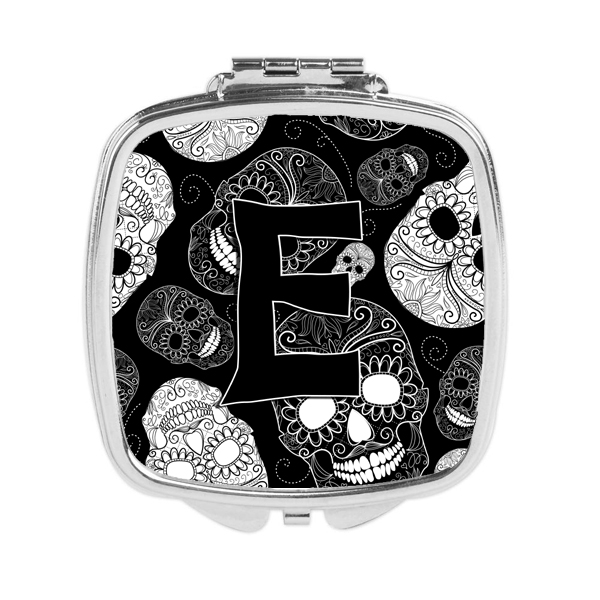 Letter E Day of the Dead Skulls Black Compact Mirror
