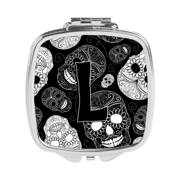 Letter L Day of the Dead Skulls Black Compact Mirror