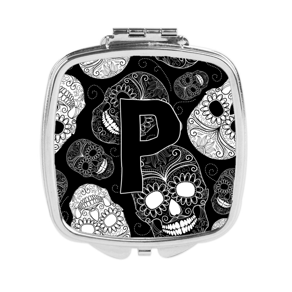 Letter P Day of the Dead Skulls Black Compact Mirror