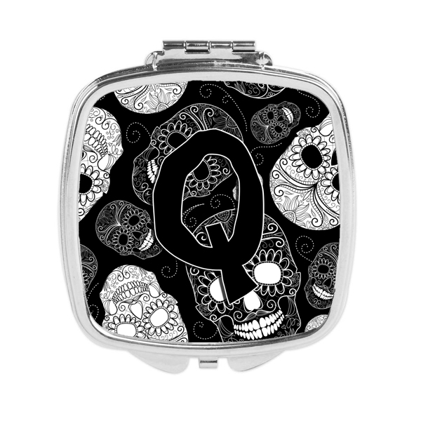 Letter Q Day of the Dead Skulls Black Compact Mirror