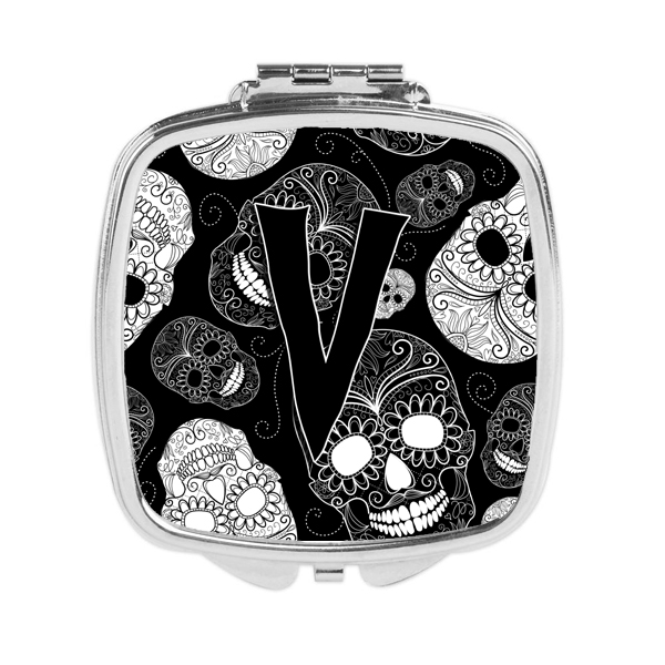Letter V Day of the Dead Skulls Black Compact Mirror