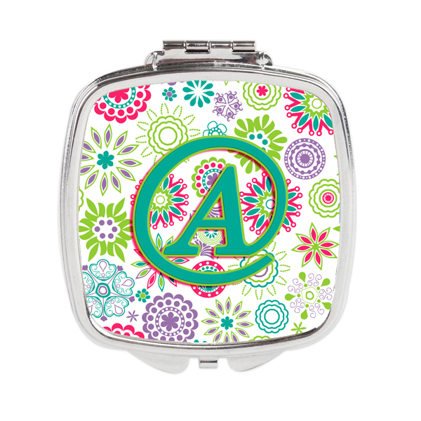 Letter A Flowers Pink Teal Green Initial Compact Mirror