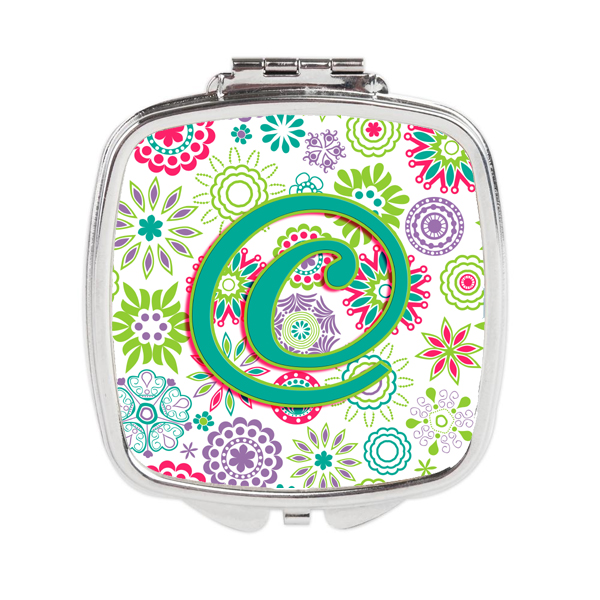 CJ2011-CSCM Letter C Flowers Pink Teal Green Initial Compact Mirror