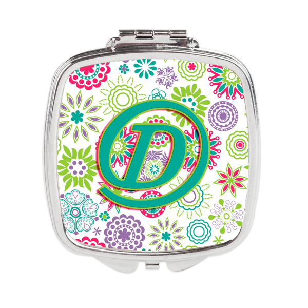 CJ2011-DSCM Letter D Flowers Pink Teal Green Initial Compact Mirror