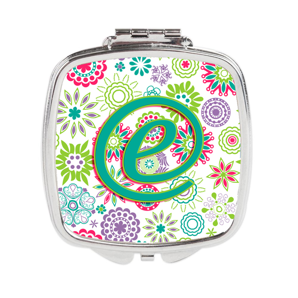 CJ2011-ESCM Letter E Flowers Pink Teal Green Initial Compact Mirror