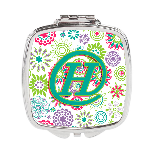 CJ2011-HSCM Letter H Flowers Pink Teal Green Initial Compact Mirror