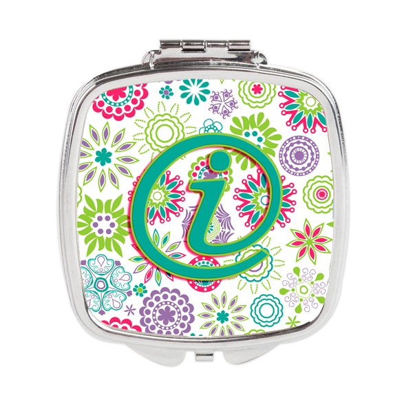 Letter I Flowers Pink Teal Green Initial Compact Mirror