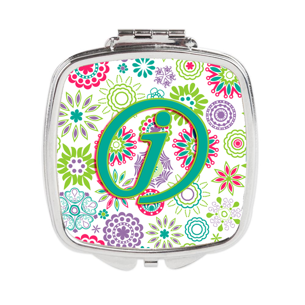 CJ2011-JSCM Letter J Flowers Pink Teal Green Initial Compact Mirror