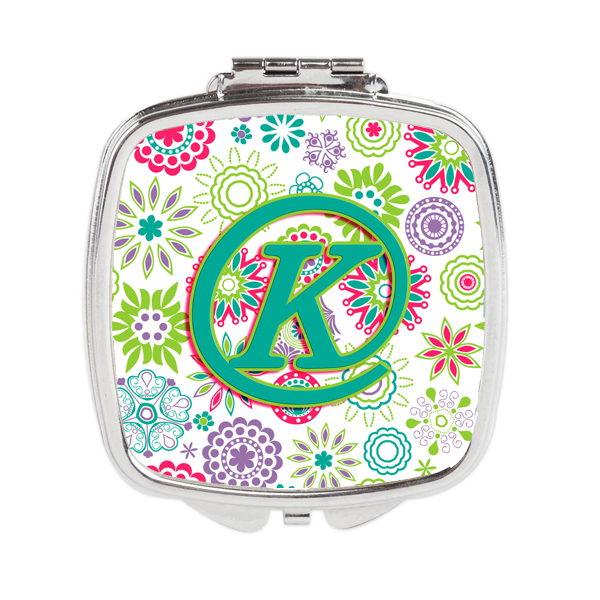 Letter K Flowers Pink Teal Green Initial Compact Mirror