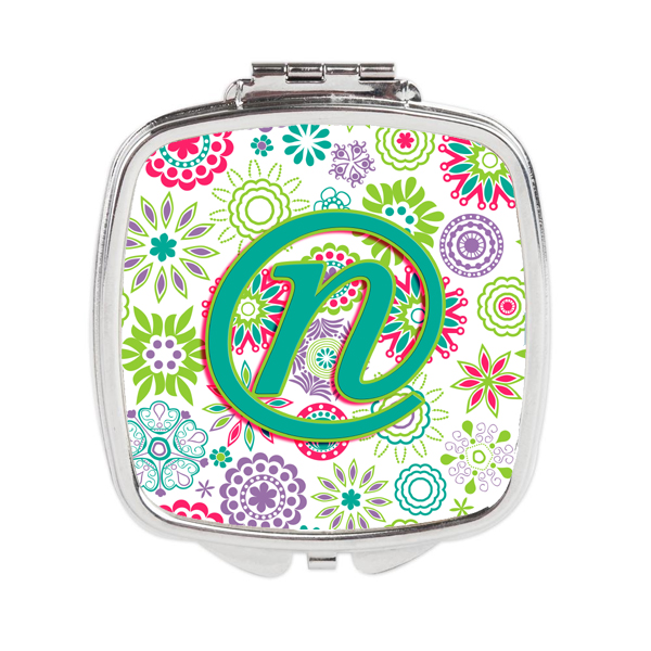 CJ2011-NSCM Letter N Flowers Pink Teal Green Initial Compact Mirror