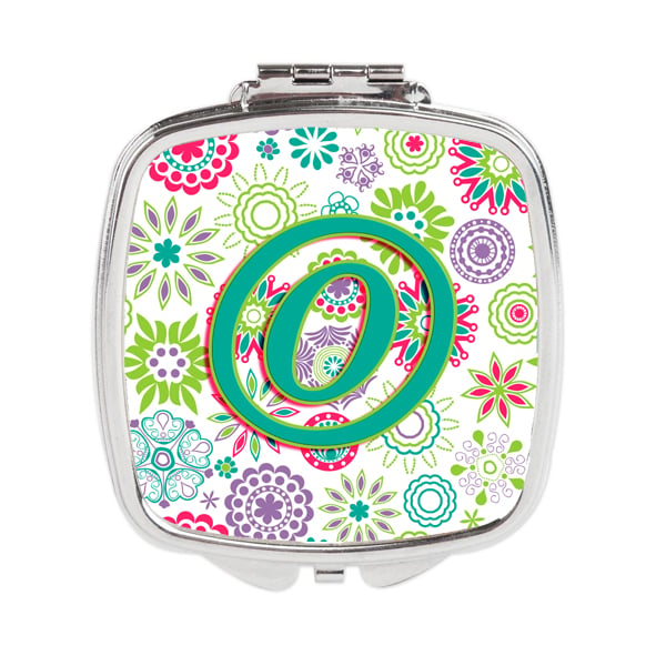 CJ2011-OSCM Letter O Flowers Pink Teal Green Initial Compact Mirror