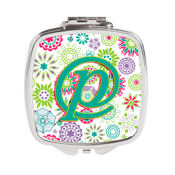 CJ2011-PSCM Letter P Flowers Pink Teal Green Initial Compact Mirror