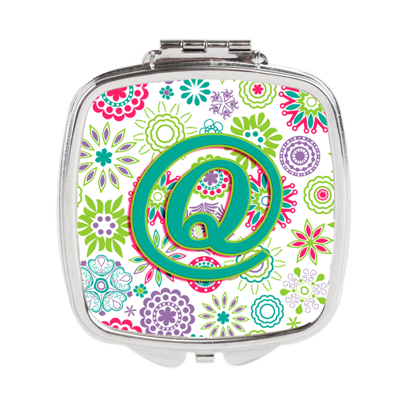 CJ2011-QSCM Letter Q Flowers Pink Teal Green Initial Compact Mirror