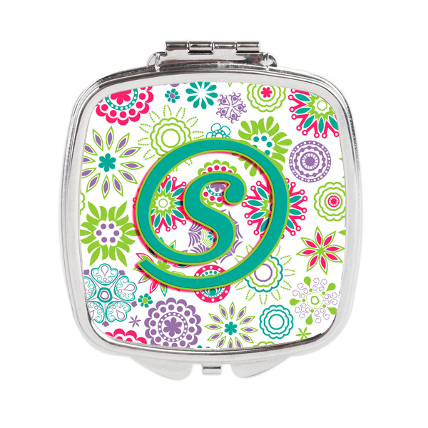 Letter S Flowers Pink Teal Green Initial Compact Mirror