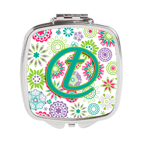 Letter T Flowers Pink Teal Green Initial Compact Mirror
