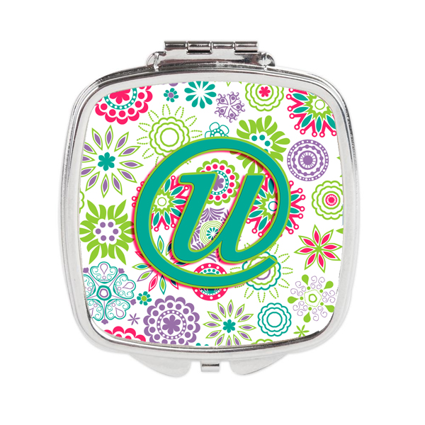 CJ2011-USCM Letter U Flowers Pink Teal Green Initial Compact Mirror