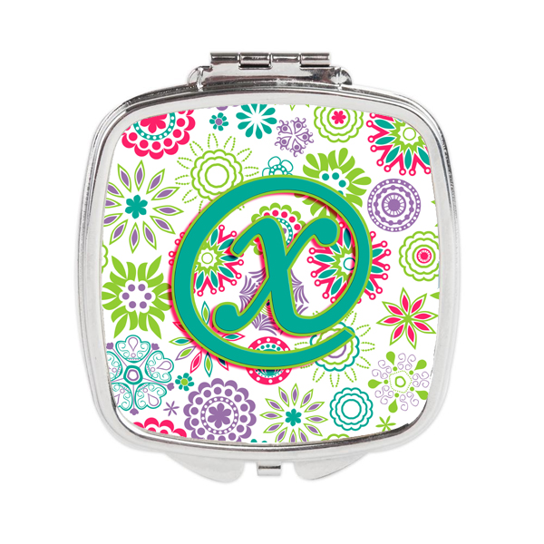 Letter X Flowers Pink Teal Green Initial Compact Mirror