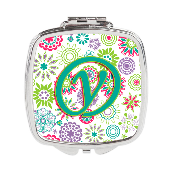 CJ2011-YSCM Letter Y Flowers Pink Teal Green Initial Compact Mirror