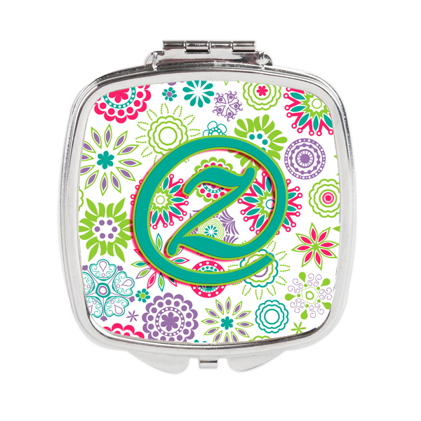 CJ2011-ZSCM Letter Z Flowers Pink Teal Green Initial Compact Mirror