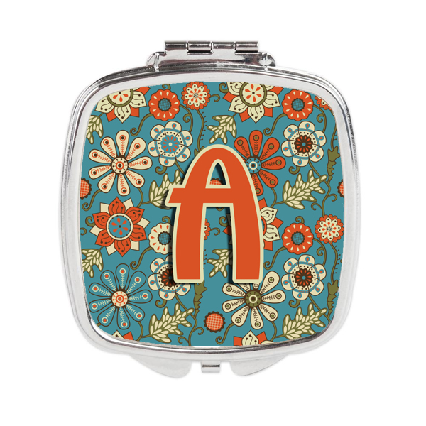 CJ2012-ASCM Letter a Flowers Retro Blue Compact Mirror