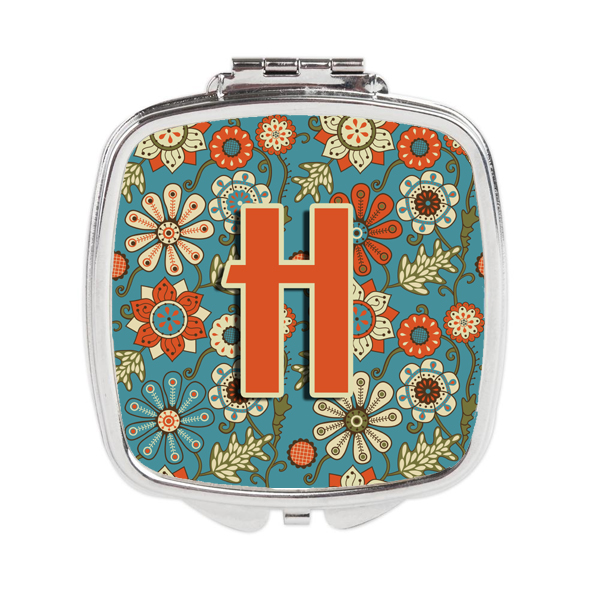 Letter H Flowers Retro Blue Compact Mirror
