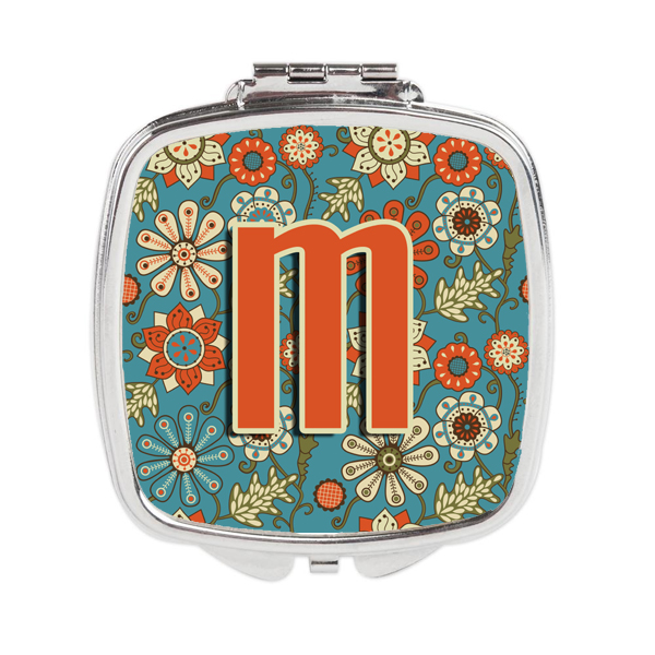 Letter M Flowers Retro Blue Compact Mirror