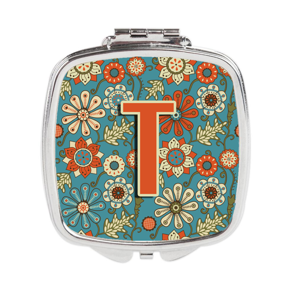 CJ2012-TSCM Letter T Flowers Retro Blue Compact Mirror