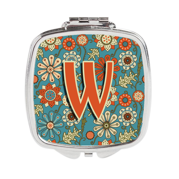 Letter W Flowers Retro Blue Compact Mirror