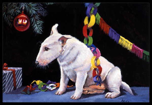 Bull Terrier Under the Christmas Tree Indoor or Outdoor Mat - 24 x 36