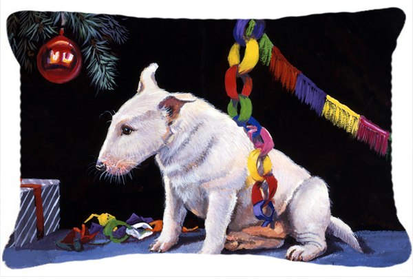 Bull Terrier Under the Christmas Tree Fabric Decorative Pillow