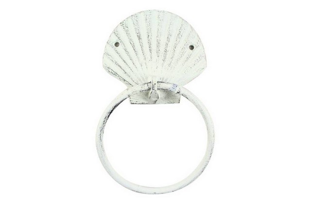 Rustic Whitewashed Cast Iron Seashell Towel Holder- 8.5 in.