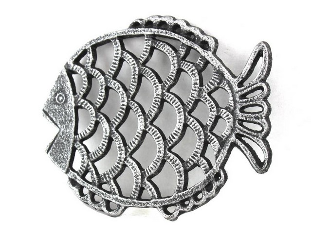 Antique Silver Cast Iron Big Fish Trivet- 8 in.