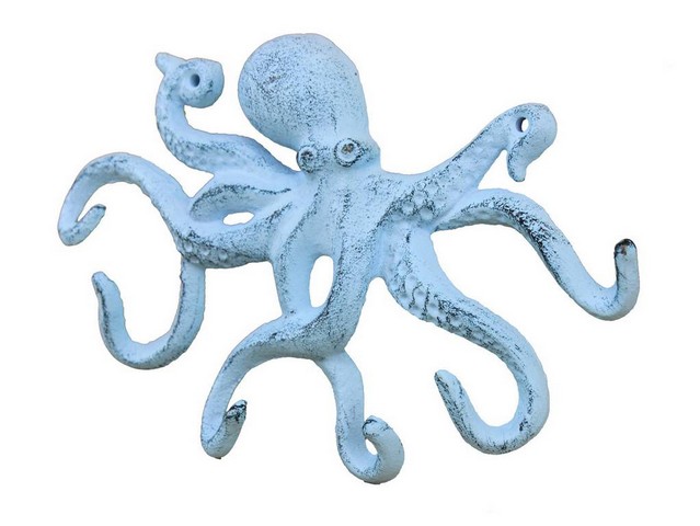 Rustic Dark Blue Whitewashed Cast Iron Octopus Hook, 11 in.