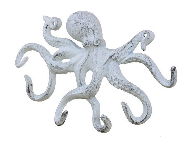Rustic Whitewashed Cast Iron Octopus Hook, 11 in.