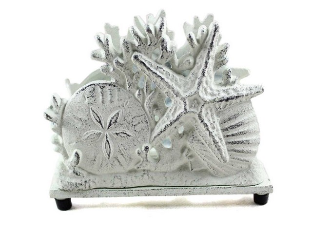 Picture of Handcrafted Decor K-1408-W Rustic Whitewashed Cast Iron Seashell Napkin Holder, 7 in.